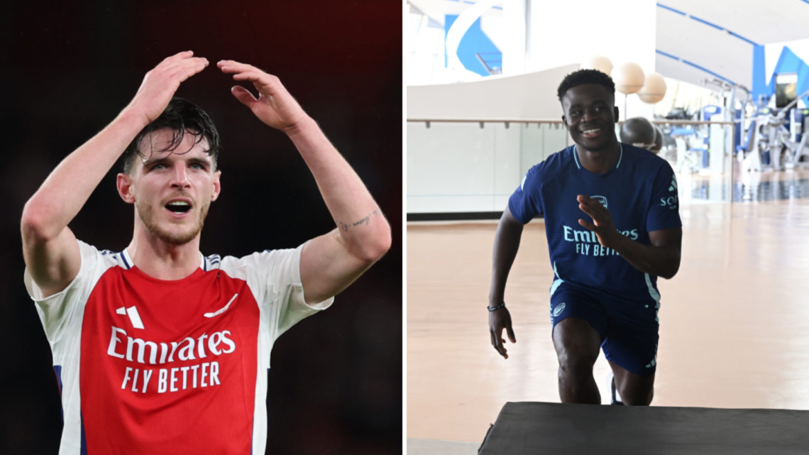 Split image of Arsenal star (L) Declan Rice during a game next to (R) Bukayo Saka training in a gym