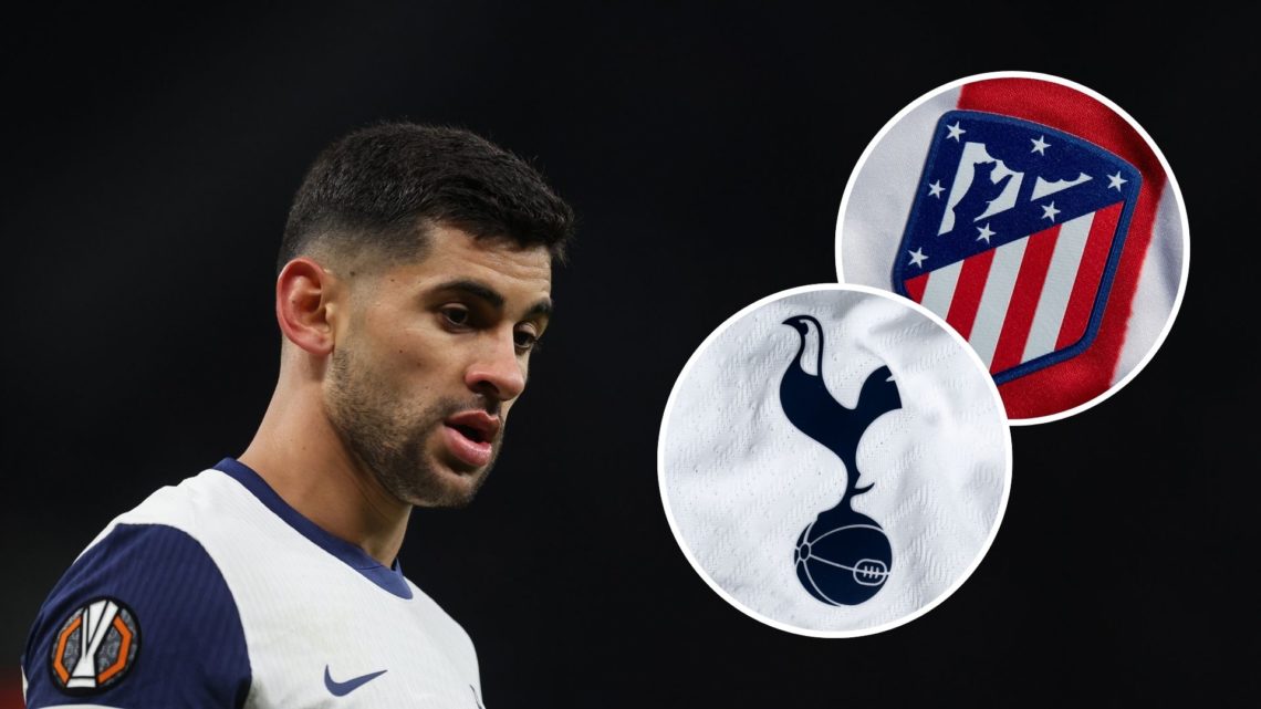 Image of Cristian Romero of Tottenham Hotspur during the UEFA Europa League with an inset of the Tottenham Hotspur and Atlético Madrid badge
