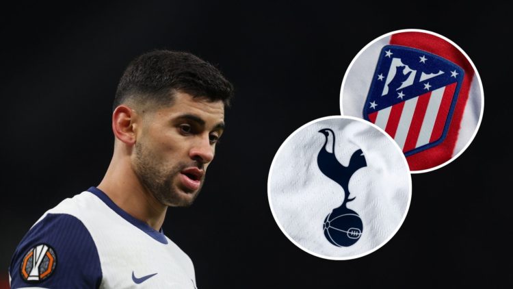 Image of Cristian Romero of Tottenham Hotspur during the UEFA Europa League with an inset of the Tottenham Hotspur and Atlético Madrid badge