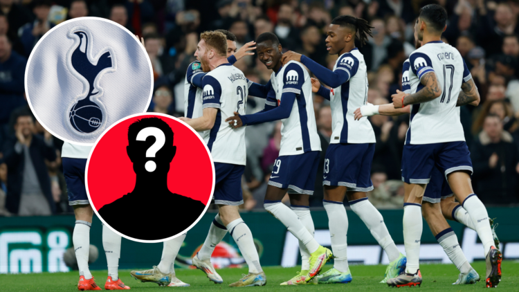 Tottenham Hotspur defender Cristian Romero celebrates with his teammates. Inset of Tottenham badge and mystery player.