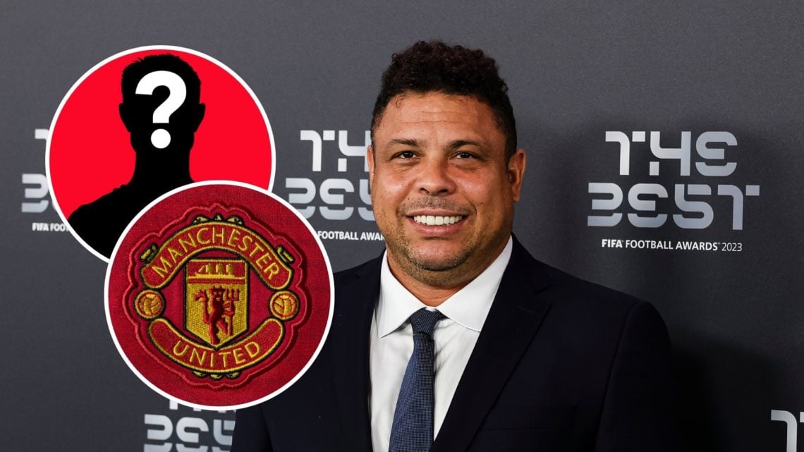 Ronaldo with insets of Manchester United crest and mystery player silhouette