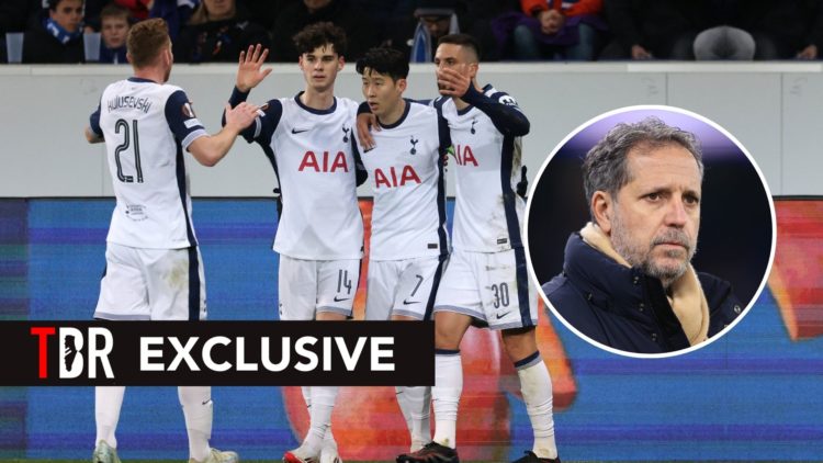 Image of Tottenham Hotspur's South Korean striker Son Heung-Min celebrates after scoring his team's second goal with teammates and inset of Fabio P...