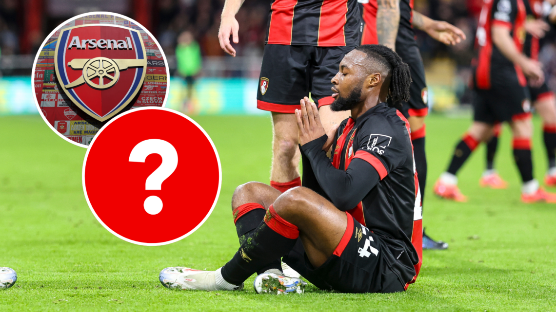 Bournemouth winger Antoine Semenyo. Insets of Arsenal badge and question mark.