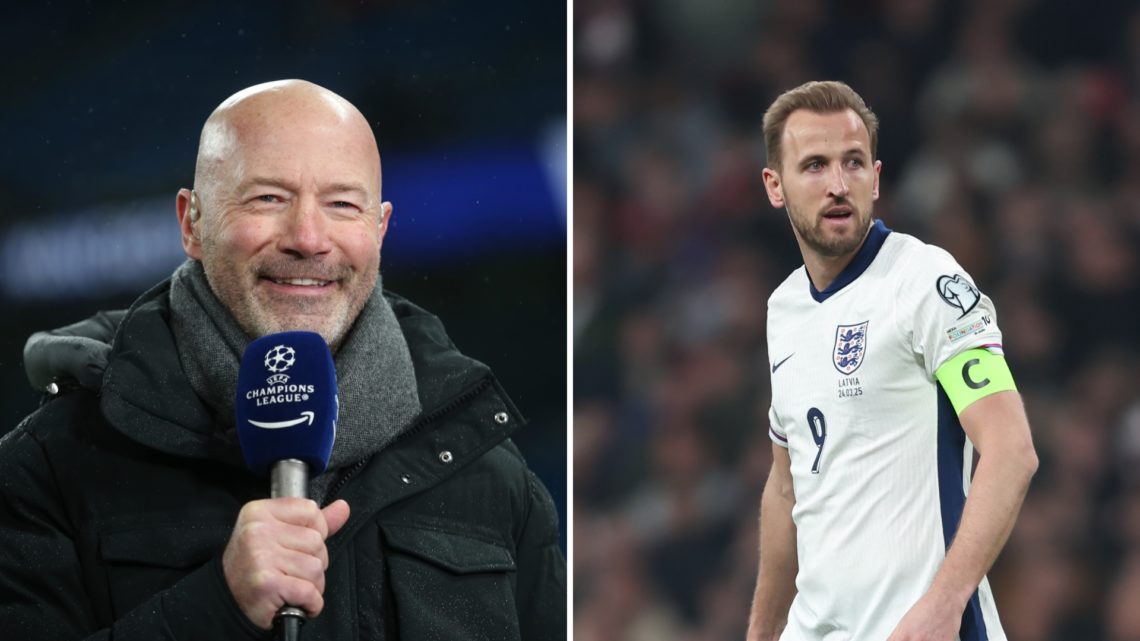 Split image of Alan Shearer on TV Commentator on Amazon Prime TV during the UEFA Champions League 2024/25 and Harry Kane during the FIFA World Cup ...