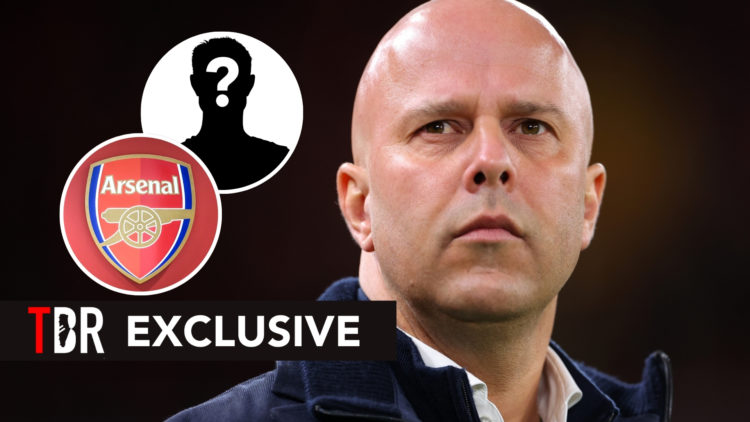 TBR Exclusive: Arne Slot, Manager of Liverpool, looks on, with two insets featuring an Arsenal badge and a mystery player silhouette.