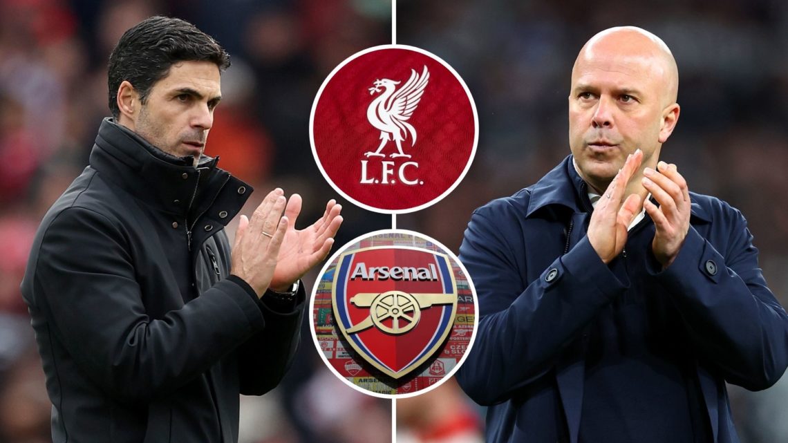 Liverpool coach Arne Slot applauds the supporters at full-time following the Carabao Cup Final, and Mikel Arteta, Manager of Arsenal applauds the f...