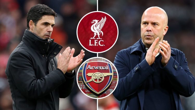 Liverpool coach Arne Slot applauds the supporters at full-time following the Carabao Cup Final, and Mikel Arteta, Manager of Arsenal applauds the f...