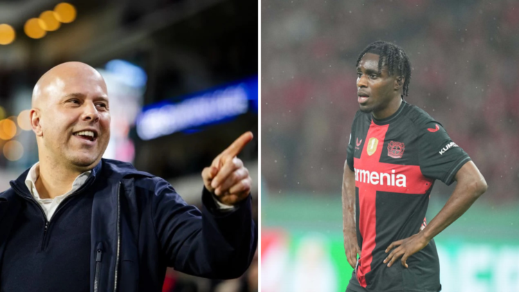 Split image of (L) Liverpool manager Arne Slot smiling and (R) Bayer Leverkusen defender Jeremie Frimpong with his hands on his hips
