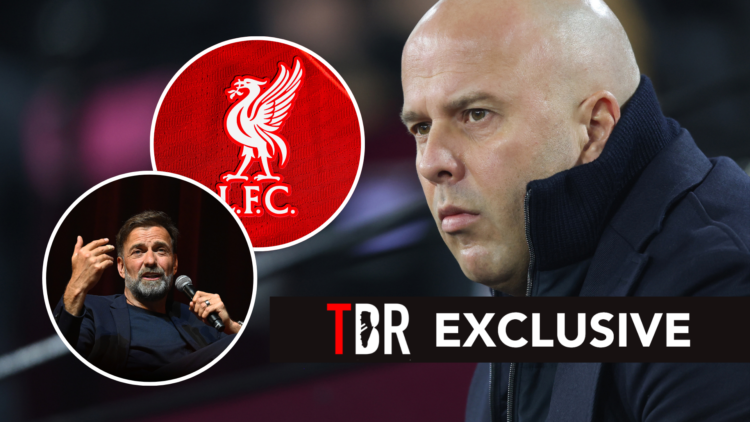 Liverpool manager Arne Slot during the Premier League match between West Ham United FC and Liverpool FC. Insets of Jurgen Klopp and Liverpool badge.