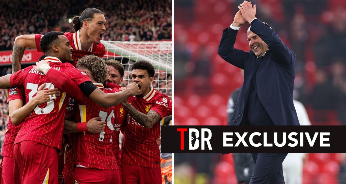 Arne Slot manager / head coach of Liverpool celebrates at full time during the Premier League match, and Liverpool players celebrate.