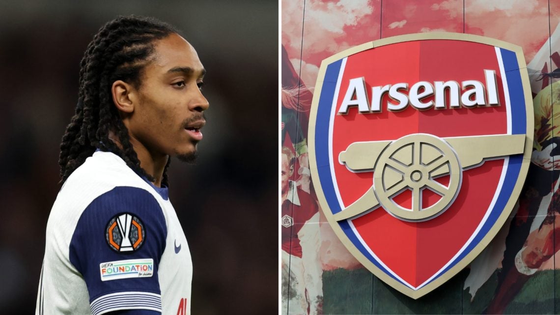 Split image of Djed Spence of Tottenham Hotspur during the UEFA Europa League 2024/25 Round of 16 Second Leg match, and the Arsenal badge.