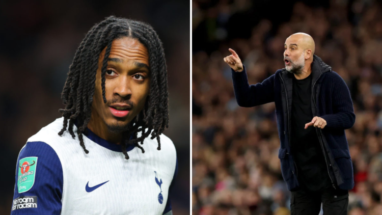 A split image of (L) Djed Spence looking ahead during a Tottenham game and (R) Pep Guardiola giving instructions from the touchline during a Manche...