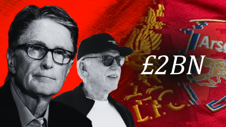 Composite image of Liverpool and Arsenal owners John Henry and Stan Kroenke, with their clubs' badges in the foreground with '£2bn' wordage