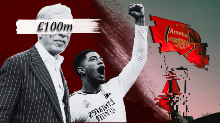 Illustration composite image of Stan Kroenke, Real Madrid's Jude Bellingham and an Arsenal flag, with '£100m' wordage