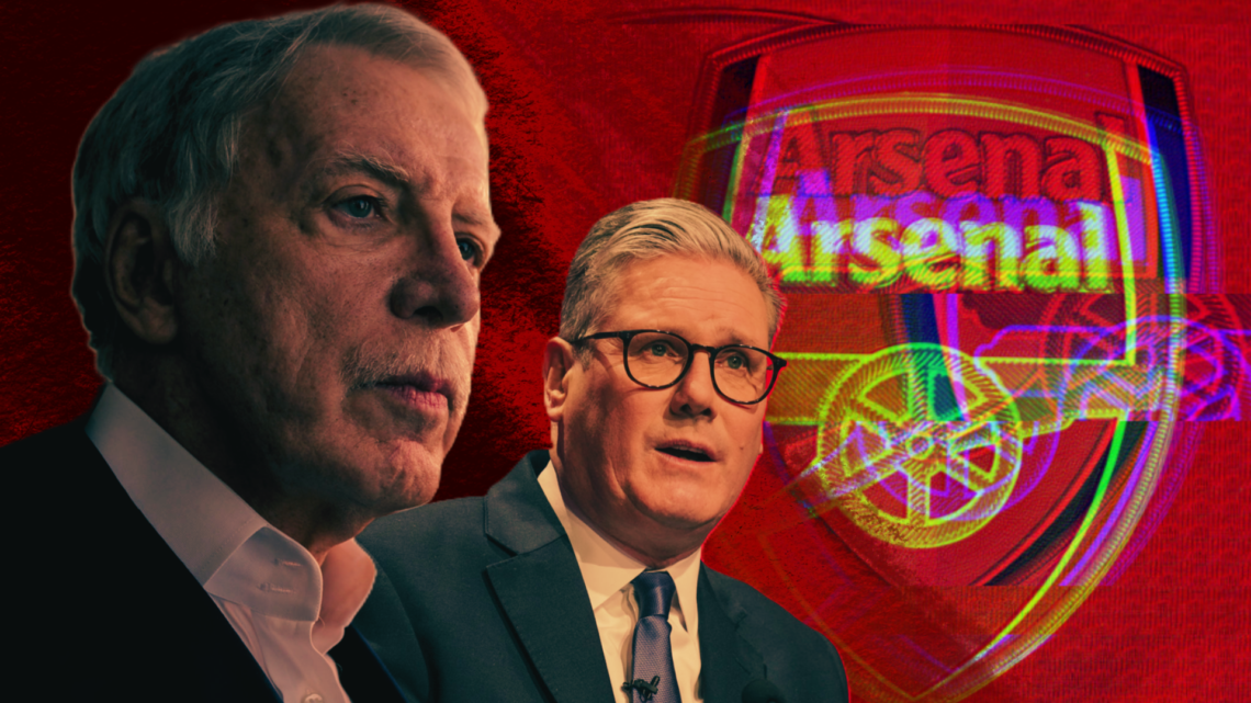 Composite image of Stan Kroenke and Keir Starmer, accompanied by an illustration of the Arsenal badge