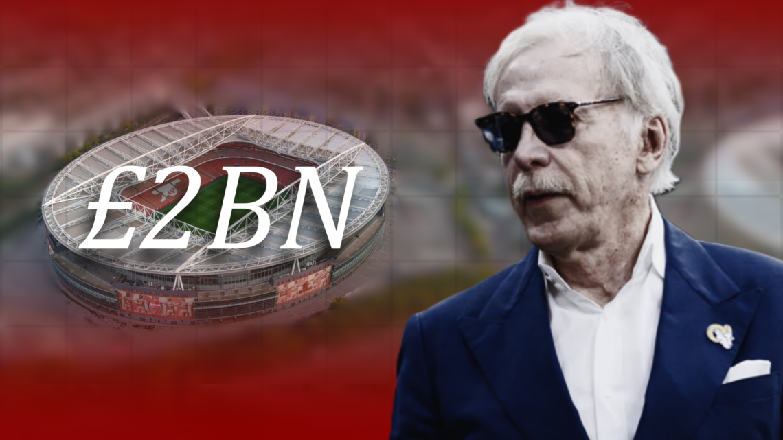Stan Kroenke superimposed over an aerial shot of the Emirates Stadium, with '£2bn'wordage
