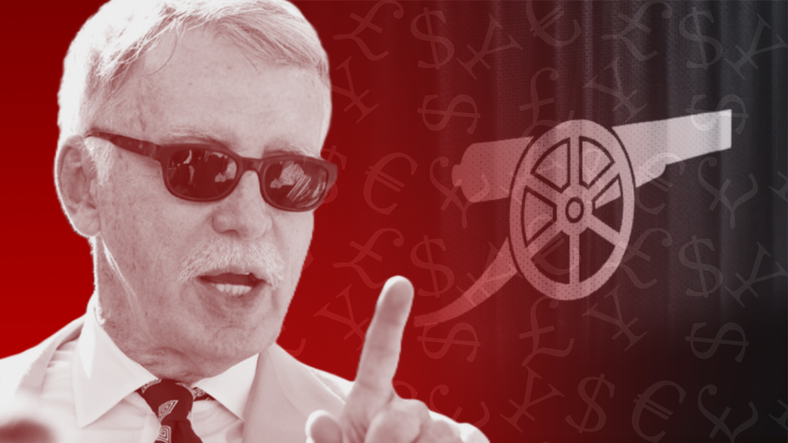 Stan Kroenke superimposed over an image of the Arsenal canon and with a money pattern overlay