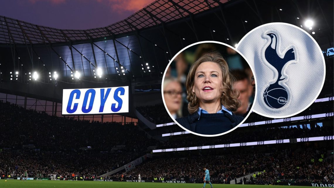 Tottenham Hotspur Stadium. Inset, Amanda Staveley and Tottenham badge.
