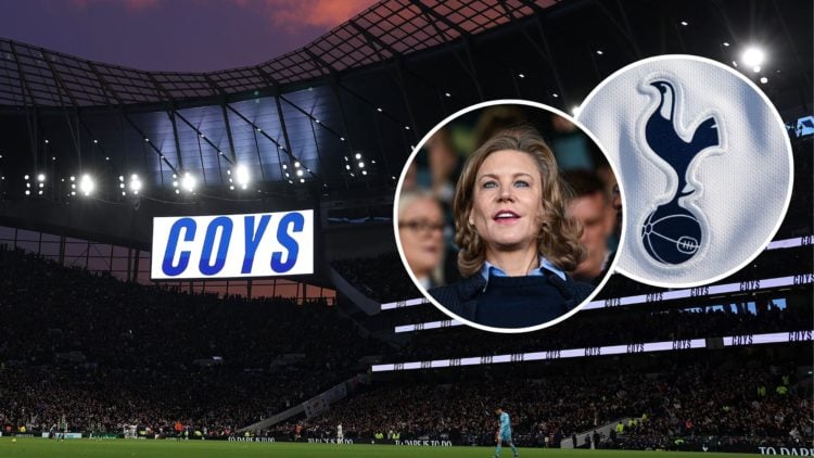 Tottenham Hotspur Stadium. Inset, Amanda Staveley and Tottenham badge.