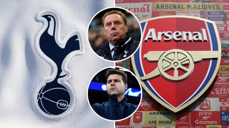 Split image of the Tottenham Hotspur and Arsenal badges. Inset, Harry Redknapp and Mauricio Pochettino