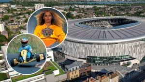 An aerial view of the Tottenham Hotspur stadium after the Premier League match between Tottenham Hotspur and Brentford FC at Tottenham Hotspur Stadium. Inset, a go-kart and Beyonce performing.