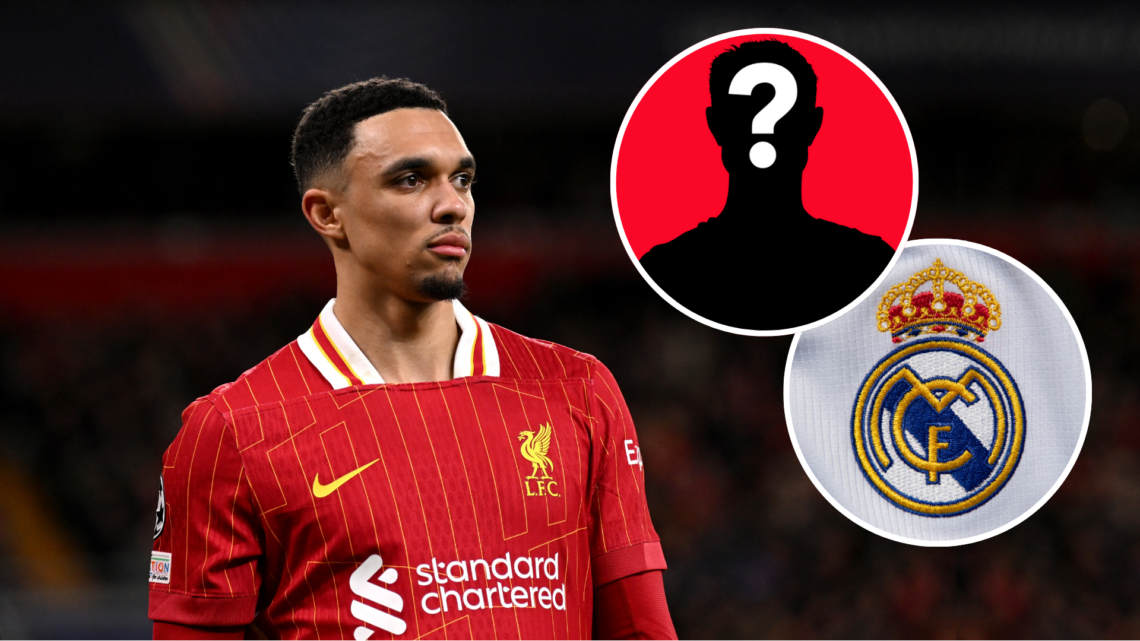 Trent Alexander-Arnold of Liverpool. Inset of Real Madrid badge and mystery player.