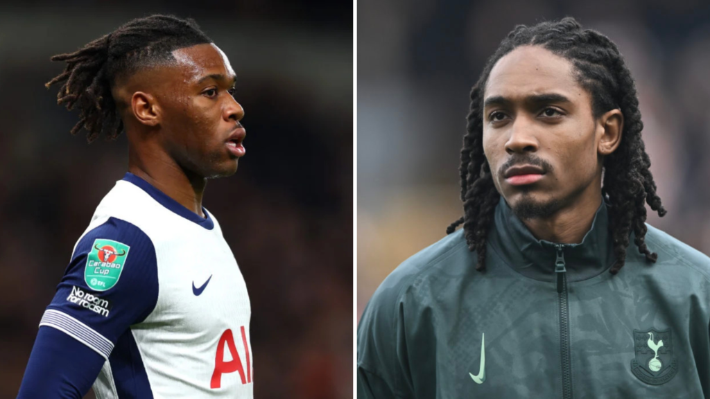 Split image of (L) Destiny Udogie playing for Tottenham and (R) Djed Spence just before a Tottenham game