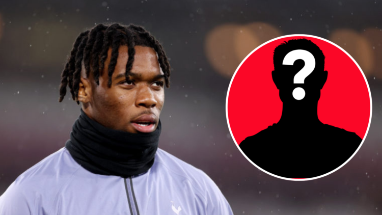 An image of Tottenham defender Destiny Udogie looking ahead with an inset of a mystery player