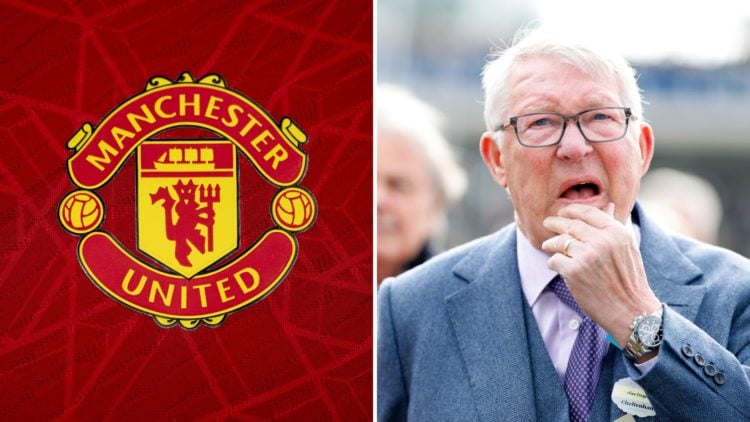 Split image of a detailed view of the Manchester United badge, and Sir Alex Ferguson.