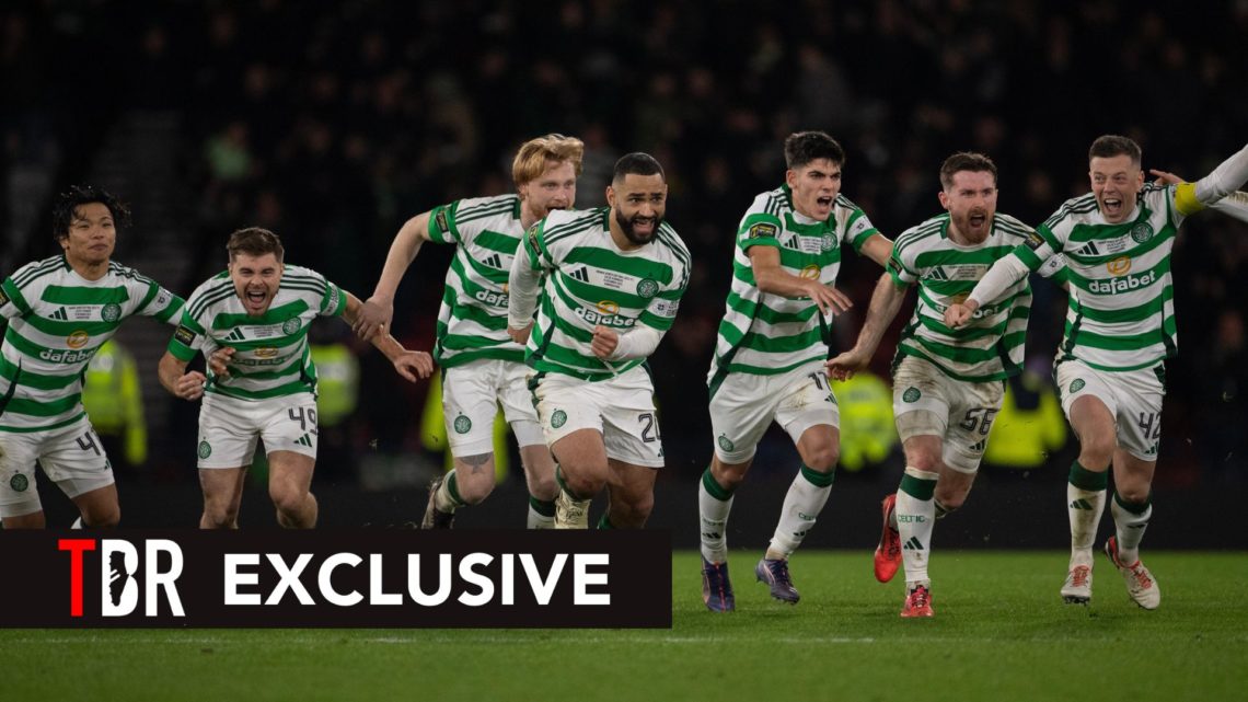 Reo Hatate, James Forrest, Liam Scales, Cameron Carter-Vickers, Alex Valle, Anthony Ralston and Callum McGregor of Celtic celebrate after the final...