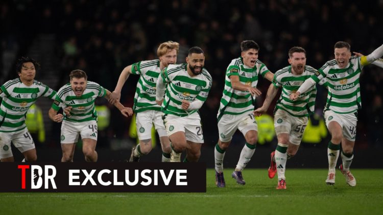 Reo Hatate, James Forrest, Liam Scales, Cameron Carter-Vickers, Alex Valle, Anthony Ralston and Callum McGregor of Celtic celebrate after the final...