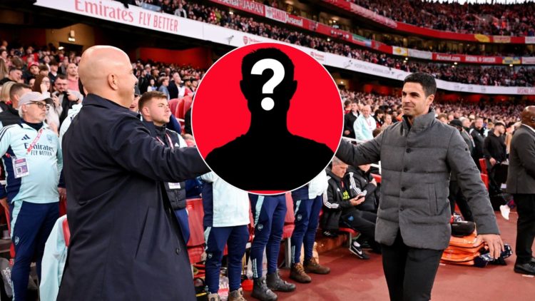 Mikel Arteta and Arne Slot with inset of a mystery player silhouette