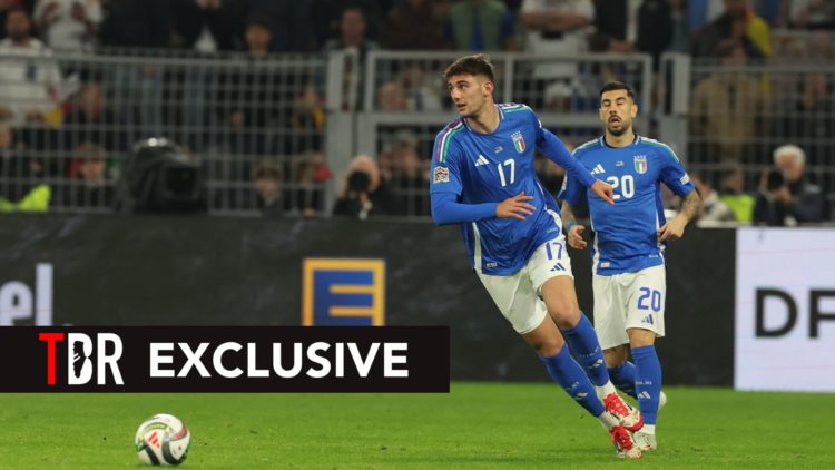Lorenzo Lucca of Italy in action during the UEFA Nations League Quarterfinal Leg Two match between Germany and Italy at Football Stadium Dortmund o...