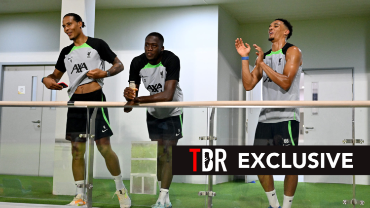 Virgil van Dijk, Ibrahima Konate and Trent Alexander-Arnold react inside Liverpool's training ground. Overlaid, the exclusive banner.