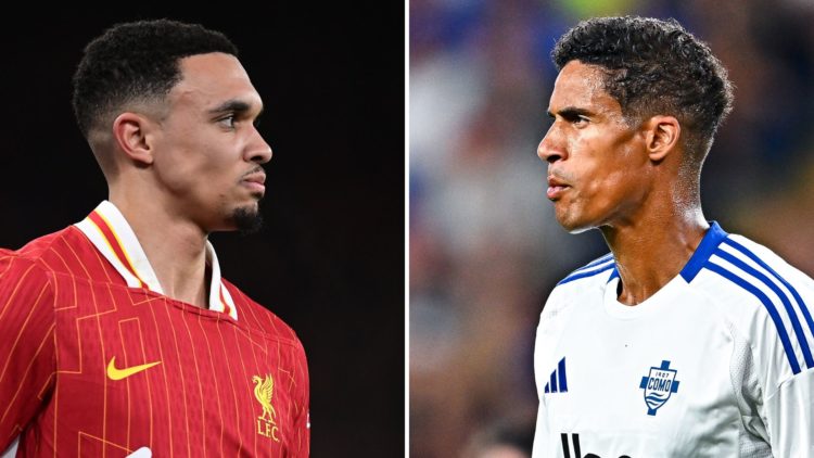 Trent Alexander-Arnold looks on during the UEFA Champions League 2024/25 Round of 16 Second Leg match, and Raphaël Varane of Como looks on during t...