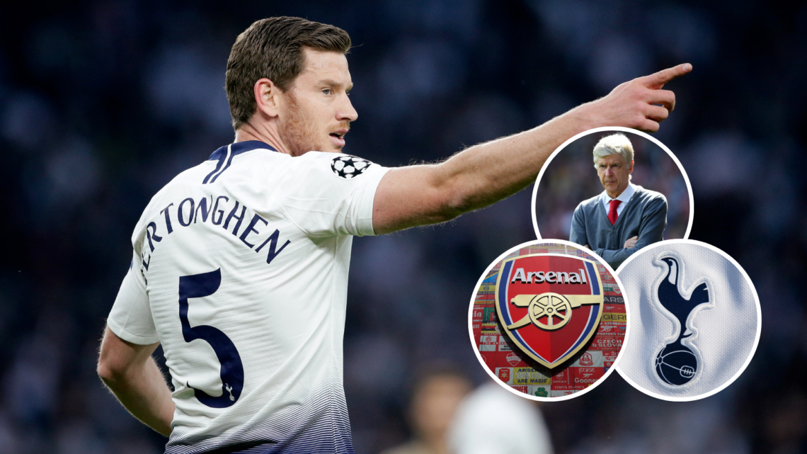 Former Tottenham Hotspur defender Jan Vertonghen. Insets of Tottenham badge, Arsenal badge and former Arsenal manager Arsene Wenger.