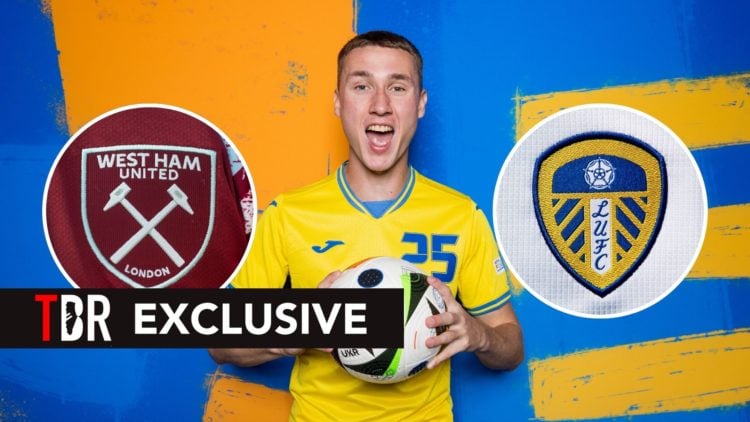 Vladyslav Vanat with insets of West Ham and Leeds United club badges