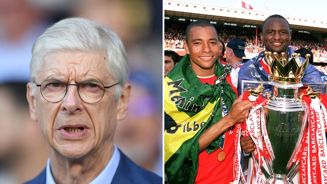 Arsène Wenger attends the Men's Gold Medal match and Inset of Gilberto and Patrick Vieira of Arsenal with the Premier League Trophy