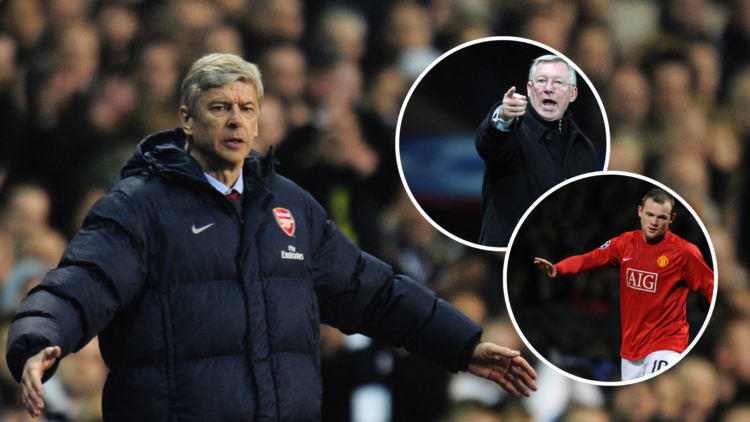 An image of Arsene Wenger when he was Arsenal manager with insets of Sir Alex Ferguson and Wayne Rooney when they were at Manchester United