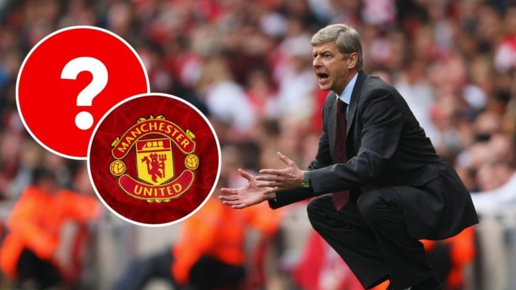 Arsene Wenger looks on. Inset, Manchester United badge.