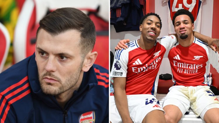 Split Image of Arsenal Head Coach Jack Wilshere before the FA Youth Cup Semi Final, and Arsenal goalscorers (L) Myles Lewis-Skelly and (R) Ethan Nw...