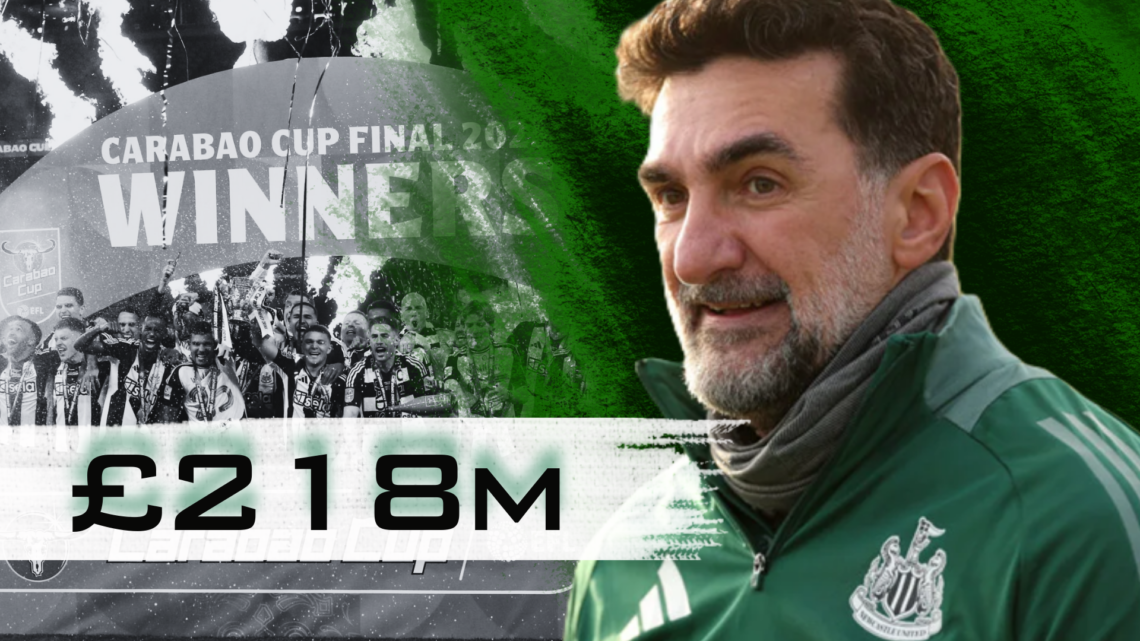 PIF chairman Yasir Al-Rumayyan superimposed over an image of Newcastle United celebrating their Carabao Cup victory, with '£218m' wordage