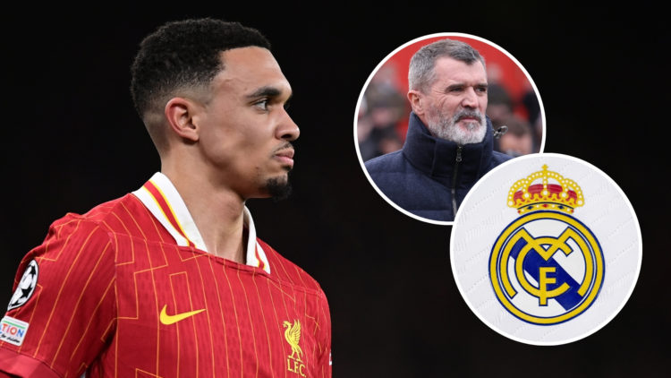 An image of Trent Alexander-Arnold looking pensive in a Liverpool shirt, with two insets: one of Roy Keane and one of the Real Madrid badge.
