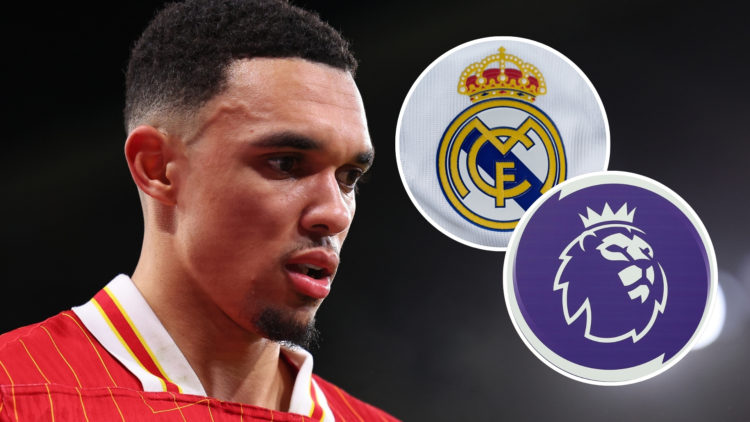 An image of Trent Alexander-Arnold with two insets: one of the Real Madrid badge and the other of the Premier League logo.
