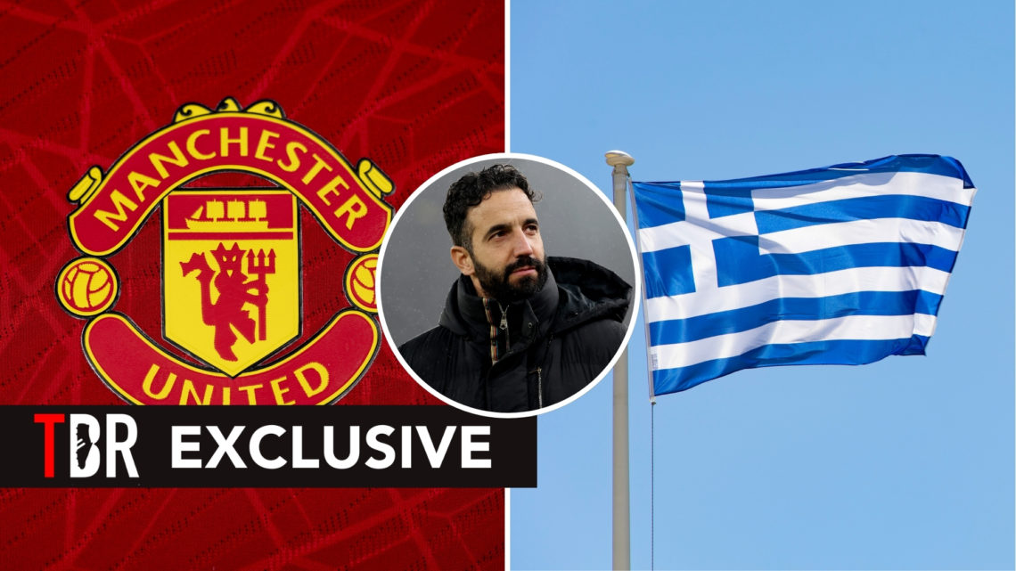 Split image of the Manchester United badge (left) and the Greece flag (right), with a central inset of Rúben Amorim.
