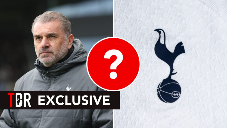 Split image of Ange Postecoglou (left) and the Spurs badge (right), with a central inset featuring a question mark.