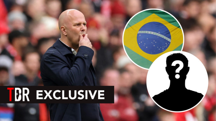 TBR Exclusive : Arne Slot looks on, with two insets featuring the Brazil flag and a silhouette of a mystery player.