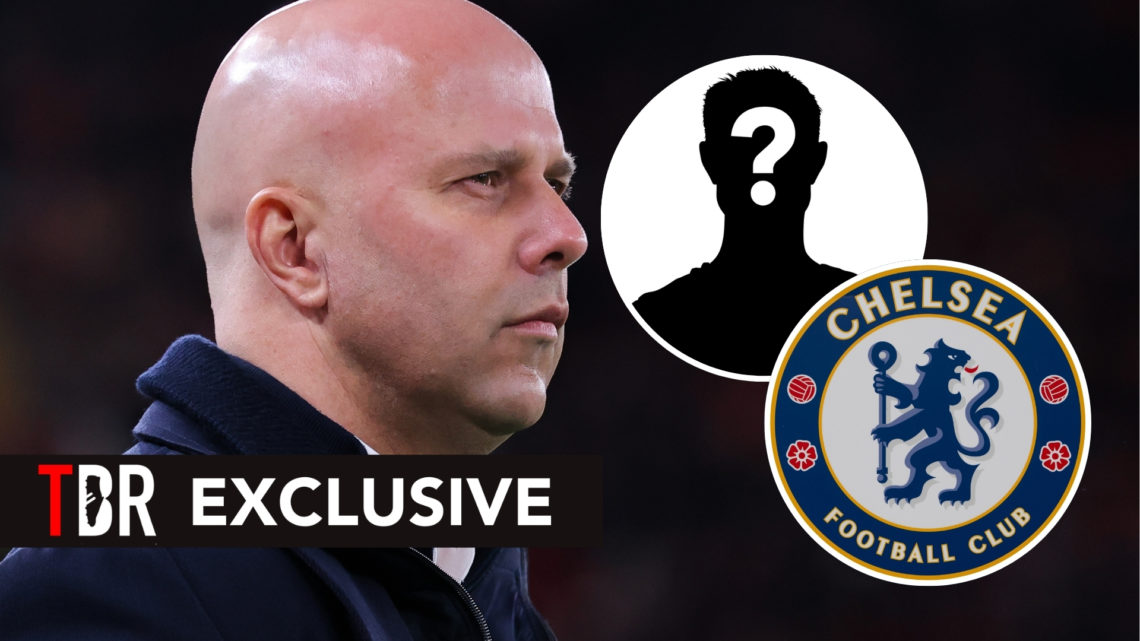 Arne Slot looking on during a Champions League game, with two insets featuring the Chelsea badge and a mystery player silhouette.