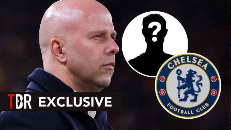 Arne Slot looking on during a Champions League game, with two insets featuring the Chelsea badge and a mystery player silhouette.