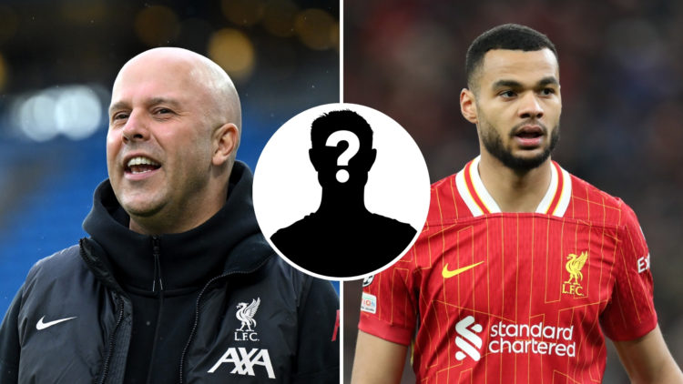 A split image of Arne Slot (left) next to Cody Gakpo in a Liverpool shirt (right), with a mystery player silhouette inset in the middle.